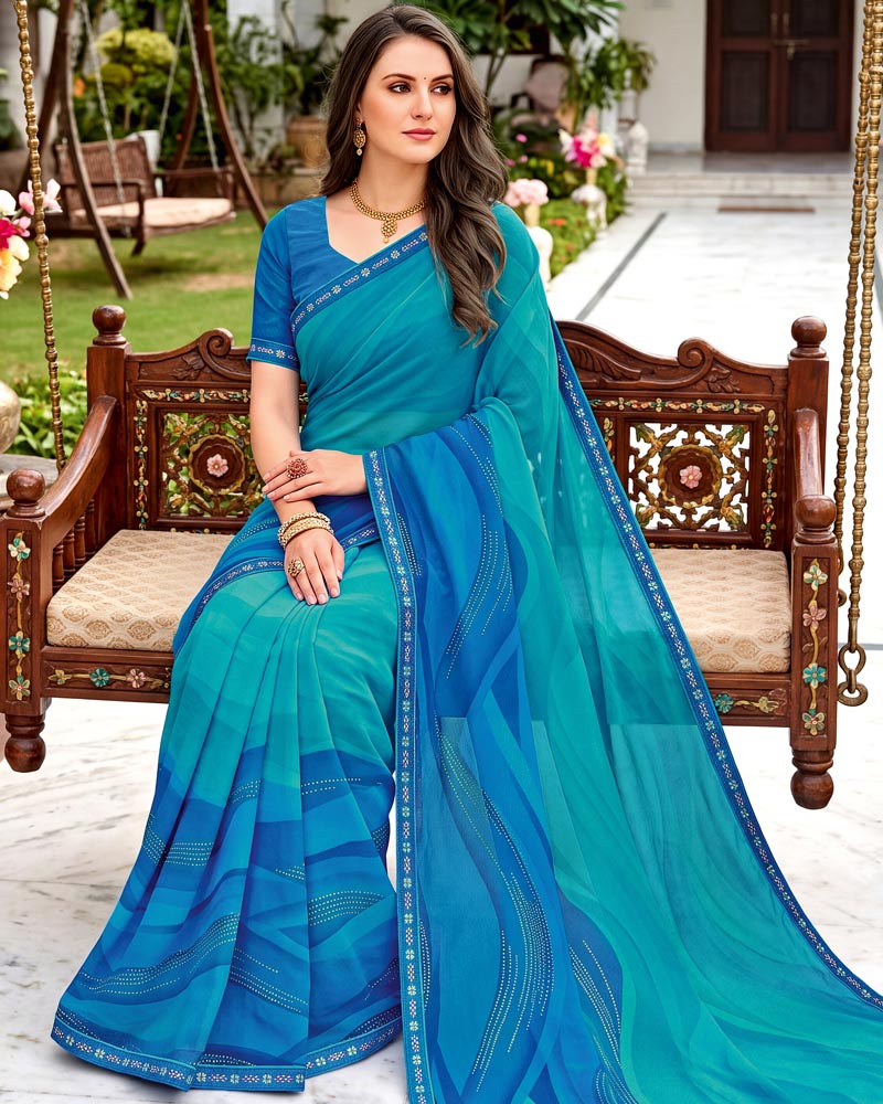 Vishal Prints Ocean Blue Printed Georgette Saree With Fancy Border