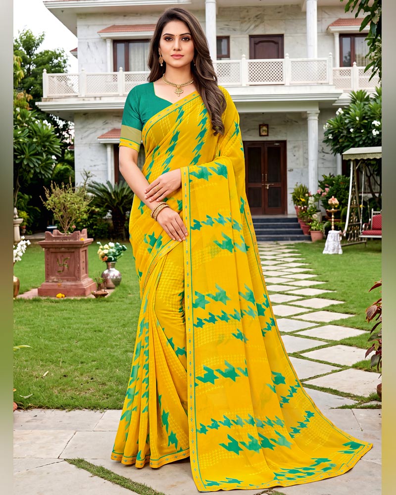 Vishal Prints Dark Burnt Yellow Printed Georgette Saree With Fancy Border