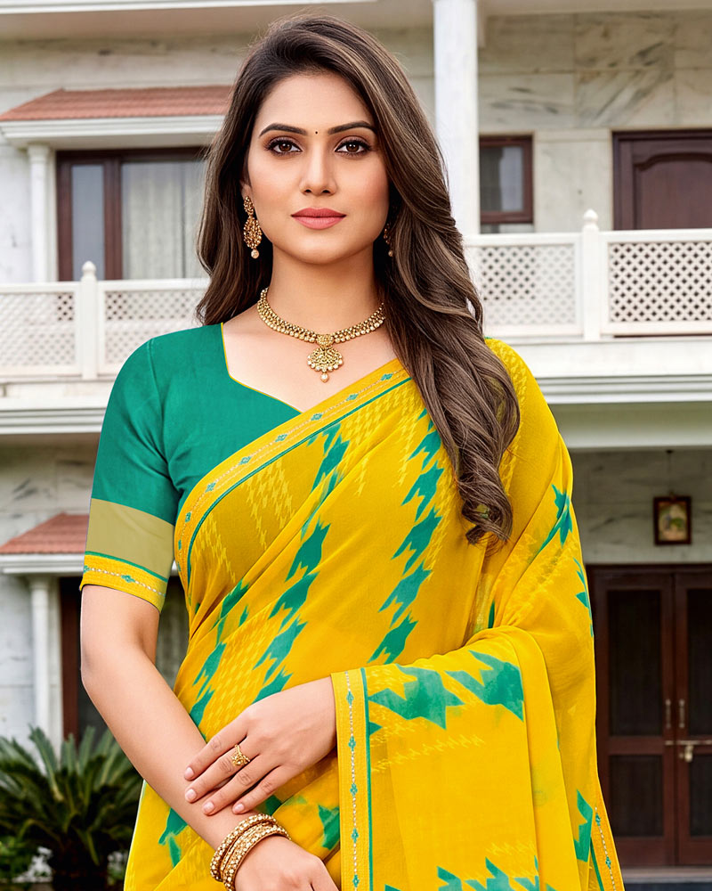 Vishal Prints Dark Burnt Yellow Printed Georgette Saree With Fancy Border