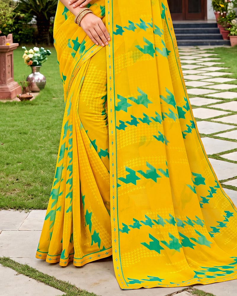 Vishal Prints Dark Burnt Yellow Printed Georgette Saree With Fancy Border