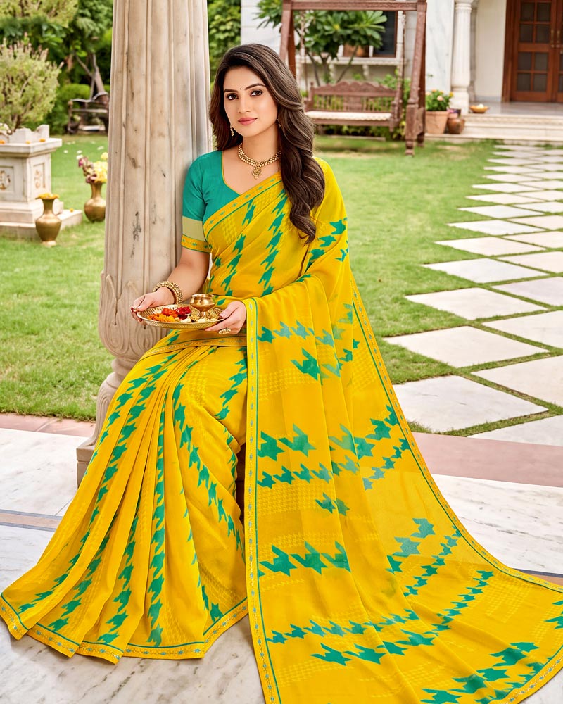 Vishal Prints Dark Burnt Yellow Printed Georgette Saree With Fancy Border