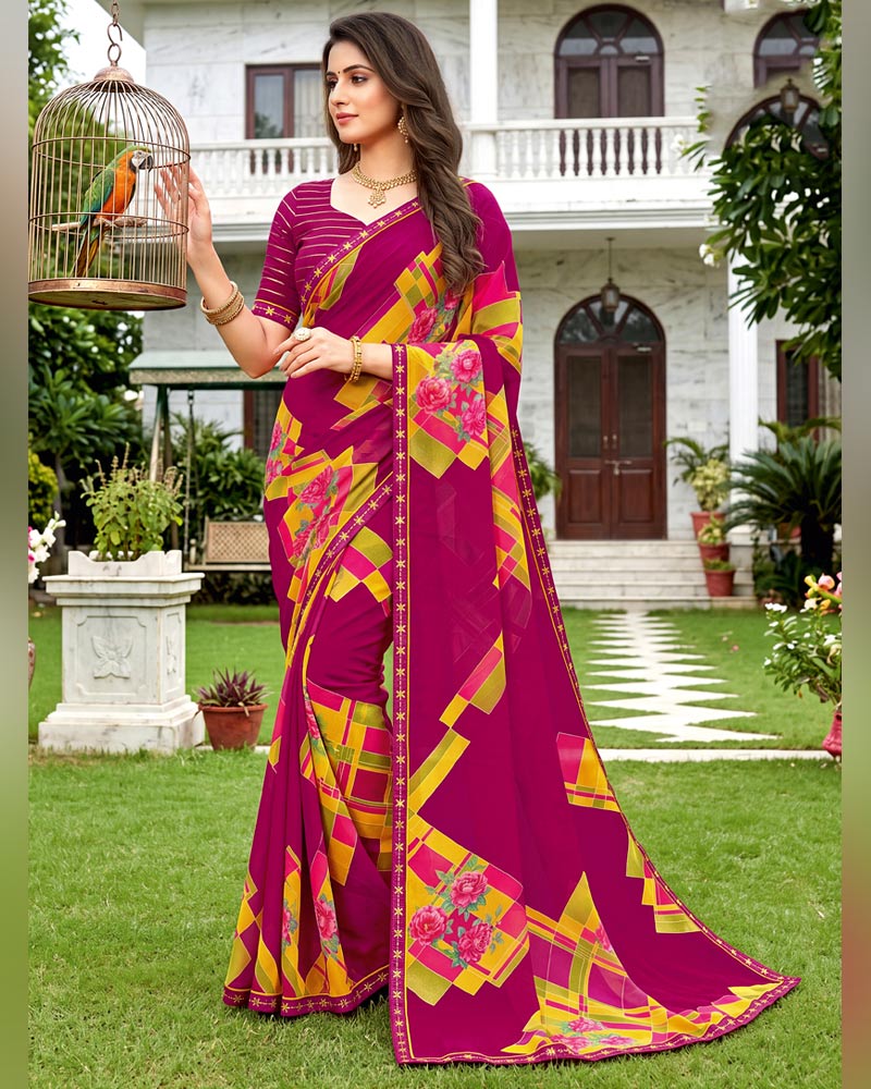 Vishal Prints Purplish Red Printed Georgette Saree With Fancy Border