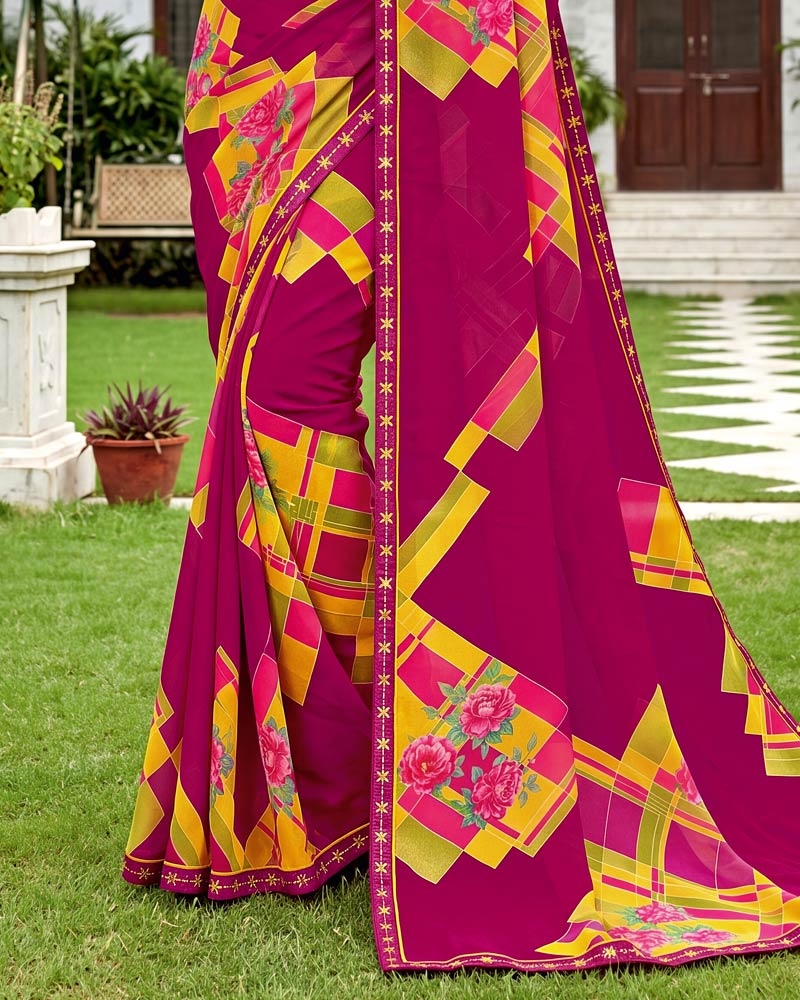 Vishal Prints Purplish Red Printed Georgette Saree With Fancy Border