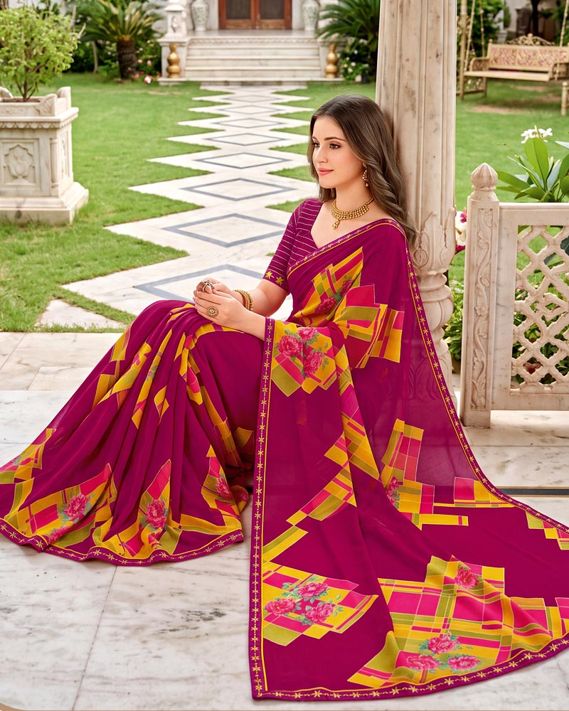 Vishal Prints Purplish Red Printed Georgette Saree With Fancy Border