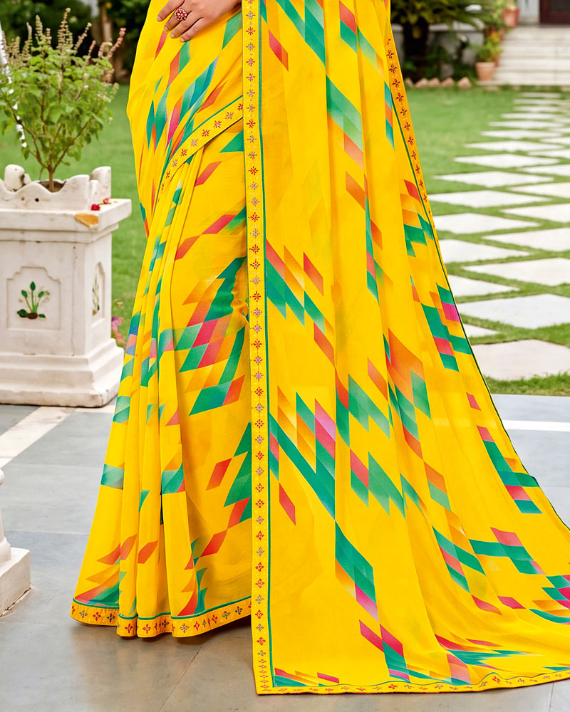 Vishal Prints Golden Yellow Printed Georgette Saree With Fancy Border