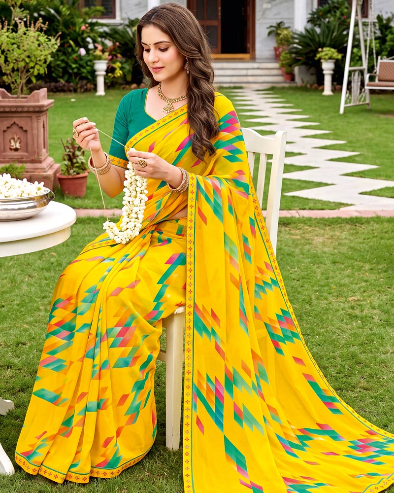 Vishal Prints Golden Yellow Printed Georgette Saree With Fancy Border