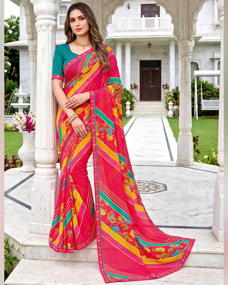 Vishal Prints Pinkish Red Printed Chiffon Saree With Fancy Border