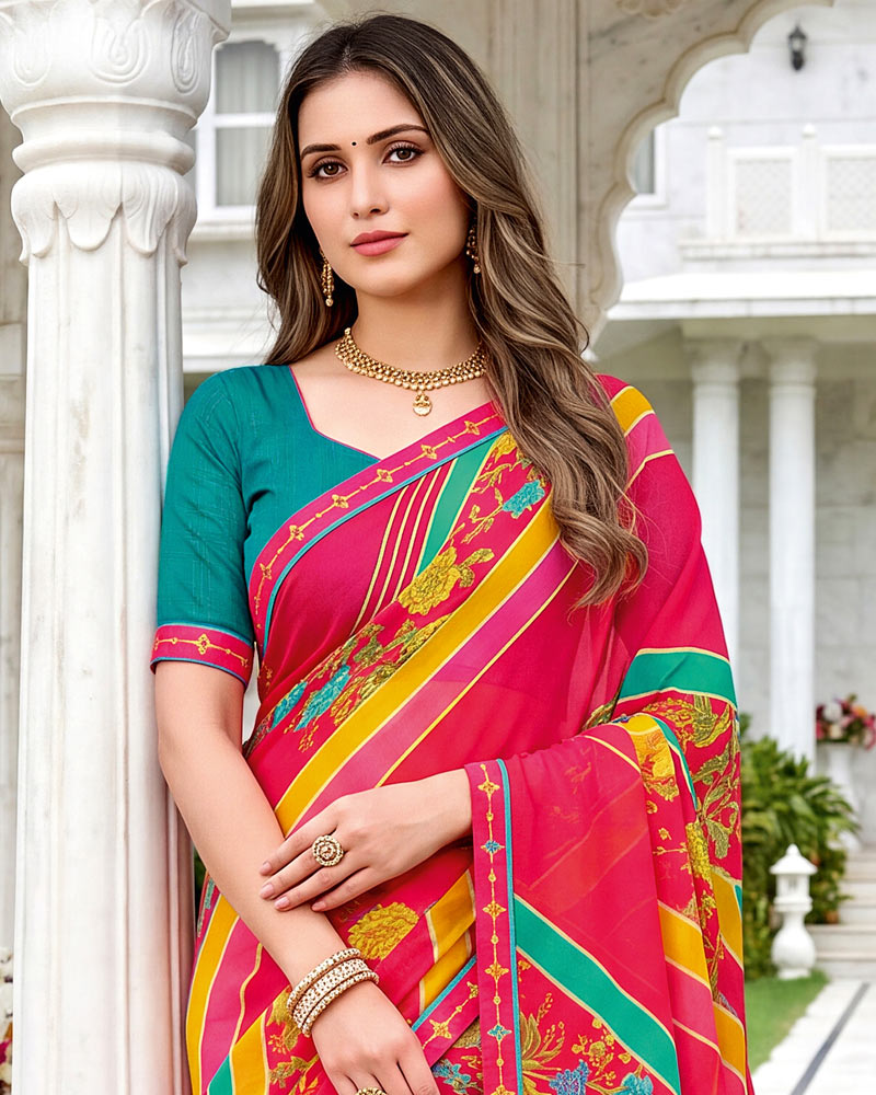 Vishal Prints Pinkish Red Printed Chiffon Saree With Fancy Border