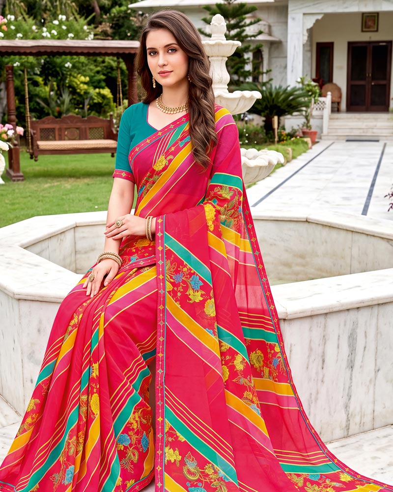 Vishal Prints Pinkish Red Printed Chiffon Saree With Fancy Border