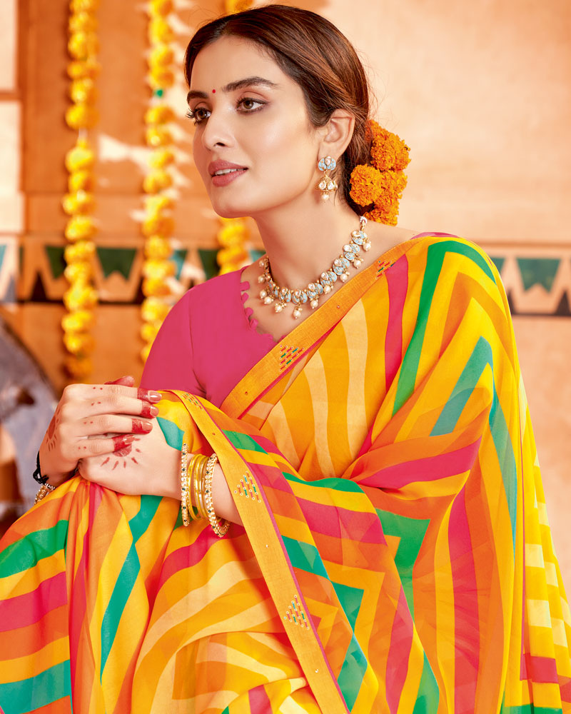 Vishal Prints Golden Yellow Printed Georgette Saree With Border