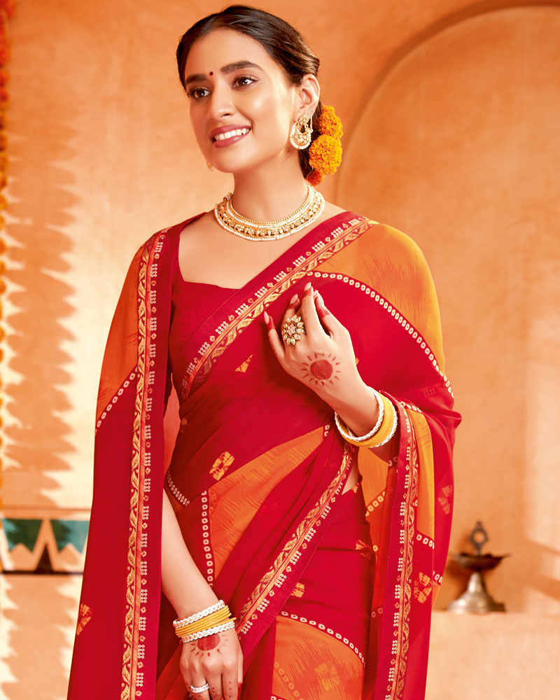 Vishal Prints Cherry Red Printed Georgette Saree With Border