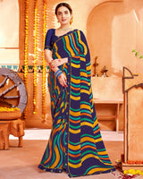 Vishal Prints Dark Navy Blue Printed Georgette Saree With Border