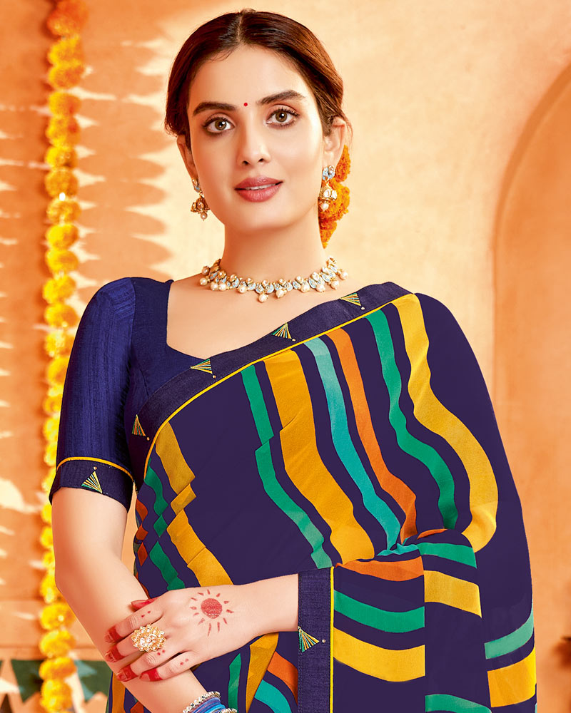 Vishal Prints Dark Navy Blue Printed Georgette Saree With Border