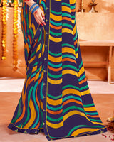 Vishal Prints Dark Navy Blue Printed Georgette Saree With Border