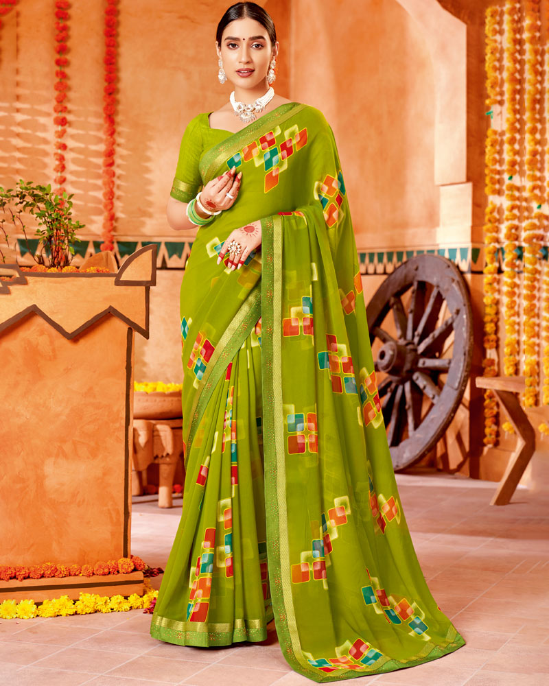 Vishal Prints Olive Green Printed Georgette Saree With Border