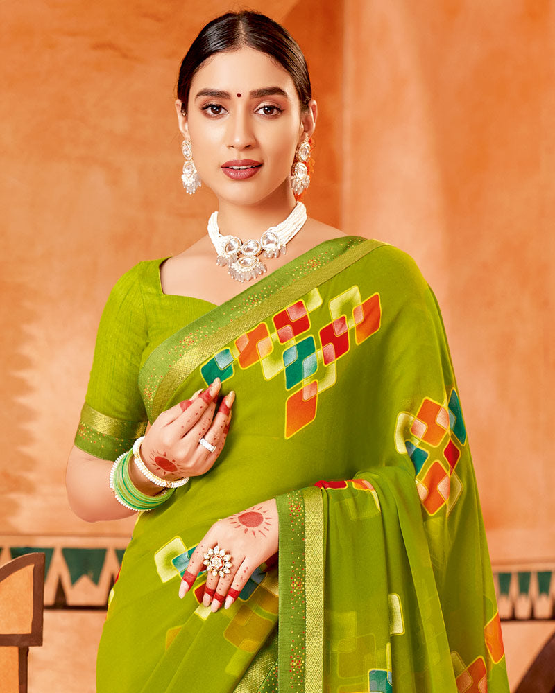 Vishal Prints Olive Green Printed Georgette Saree With Border