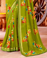 Vishal Prints Olive Green Printed Georgette Saree With Border