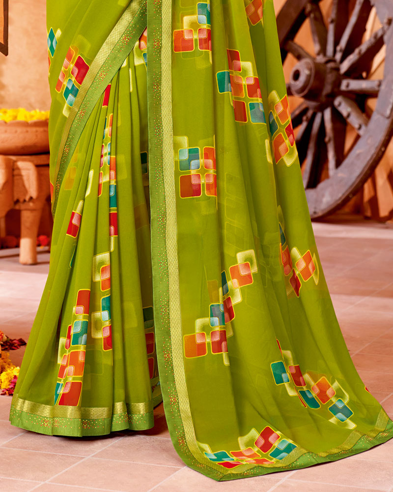 Vishal Prints Olive Green Printed Georgette Saree With Border