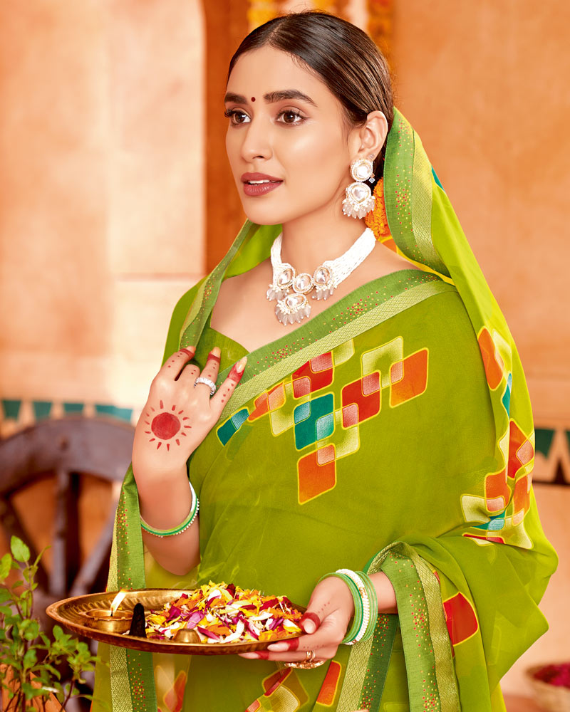 Vishal Prints Olive Green Printed Georgette Saree With Border