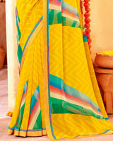 Vishal Prints Yellow Printed Georgette Saree With Border