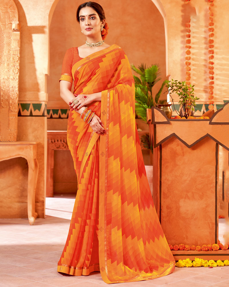 Vishal Prints Dark Orange Printed Georgette Saree With Border