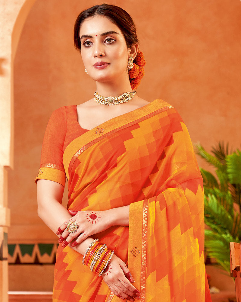 Vishal Prints Dark Orange Printed Georgette Saree With Border