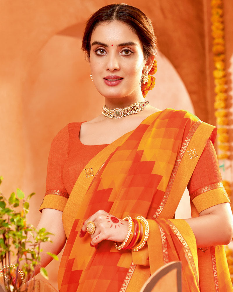 Vishal Prints Dark Orange Printed Georgette Saree With Border