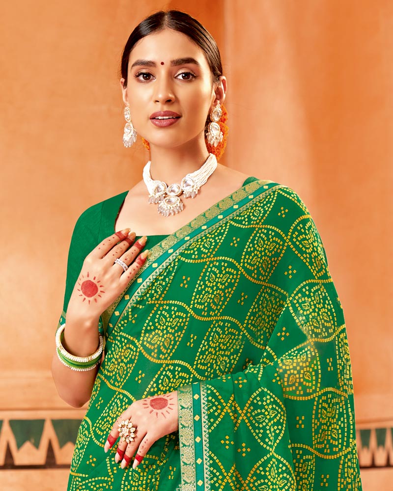 Vishal Prints Dark Green Printed Georgette Saree With Border