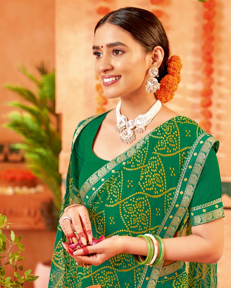 Vishal Prints Dark Green Printed Georgette Saree With Border