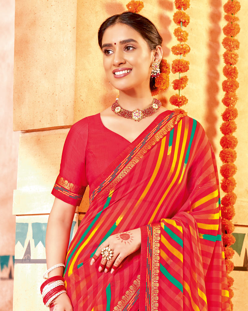 Vishal Prints Pinkish Red Printed Georgette Saree With Border