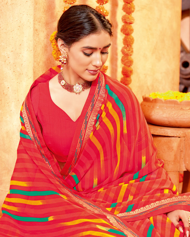 Vishal Prints Pinkish Red Printed Georgette Saree With Border