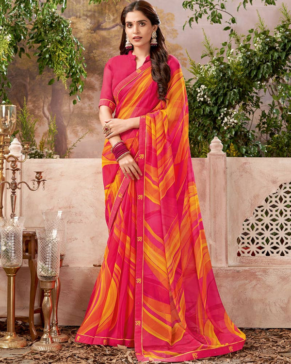 Vishal Prints Red Pink Printed Georgette Saree With Fancy Border