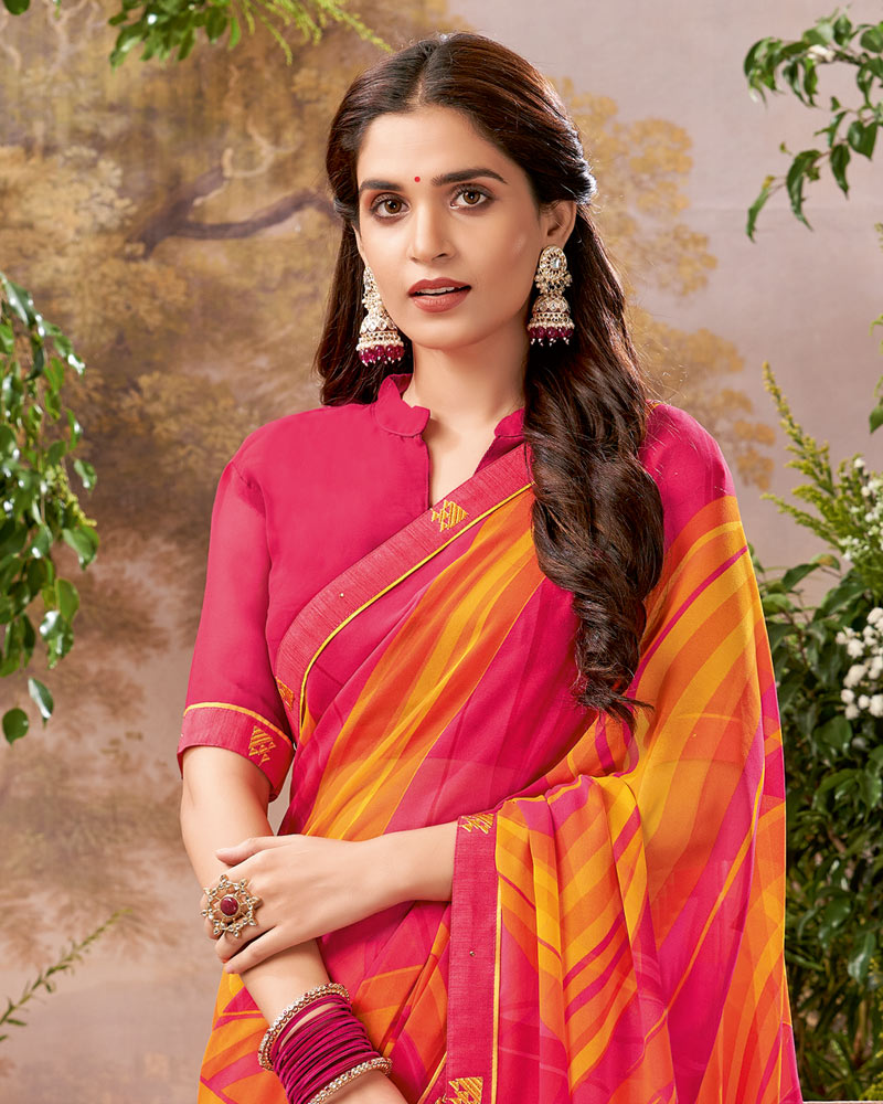 Vishal Prints Red Pink Printed Georgette Saree With Fancy Border