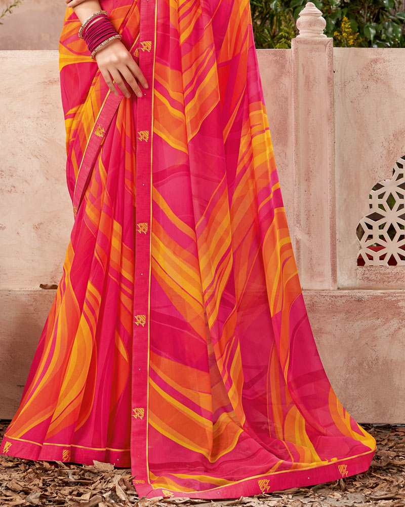 Vishal Prints Red Pink Printed Georgette Saree With Fancy Border