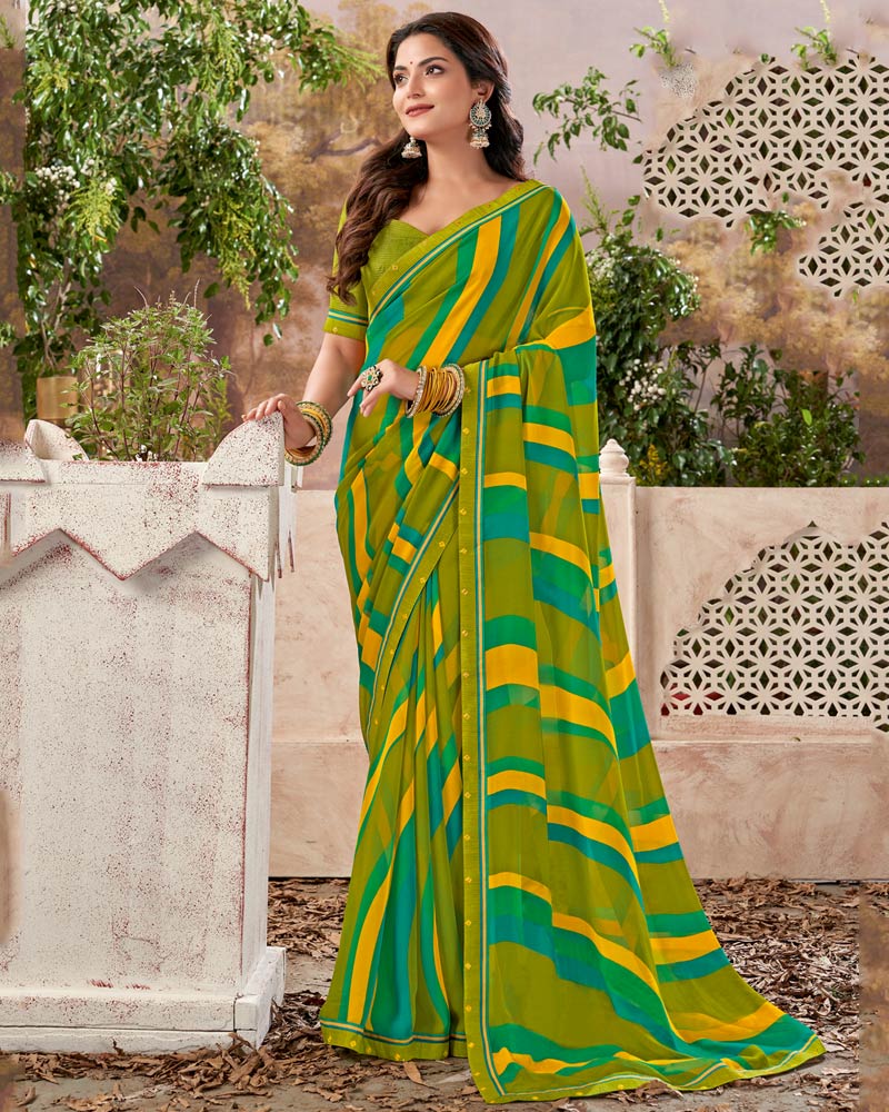 Vishal Prints Olive Green Printed Georgette Saree With Fancy Border