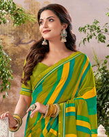 Vishal Prints Olive Green Printed Georgette Saree With Fancy Border