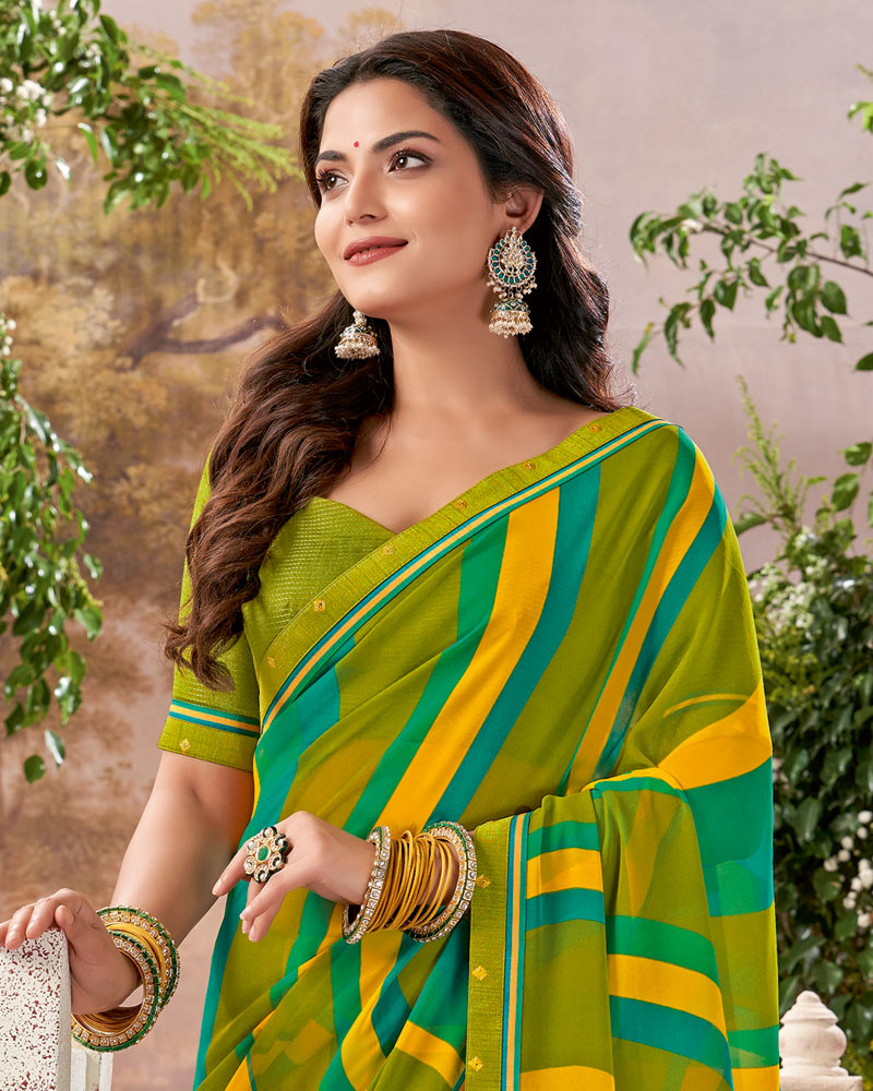 Vishal Prints Olive Green Printed Georgette Saree With Fancy Border