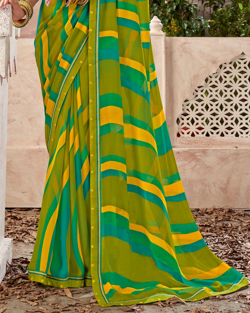 Vishal Prints Olive Green Printed Georgette Saree With Fancy Border
