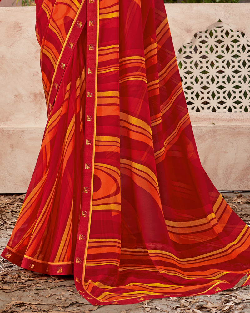 Vishal Prints Cherry Red Printed Georgette Saree With Fancy Border