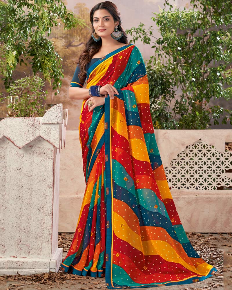 Vishal Prints Dark Teal Blue Printed Georgette Saree With Fancy Border