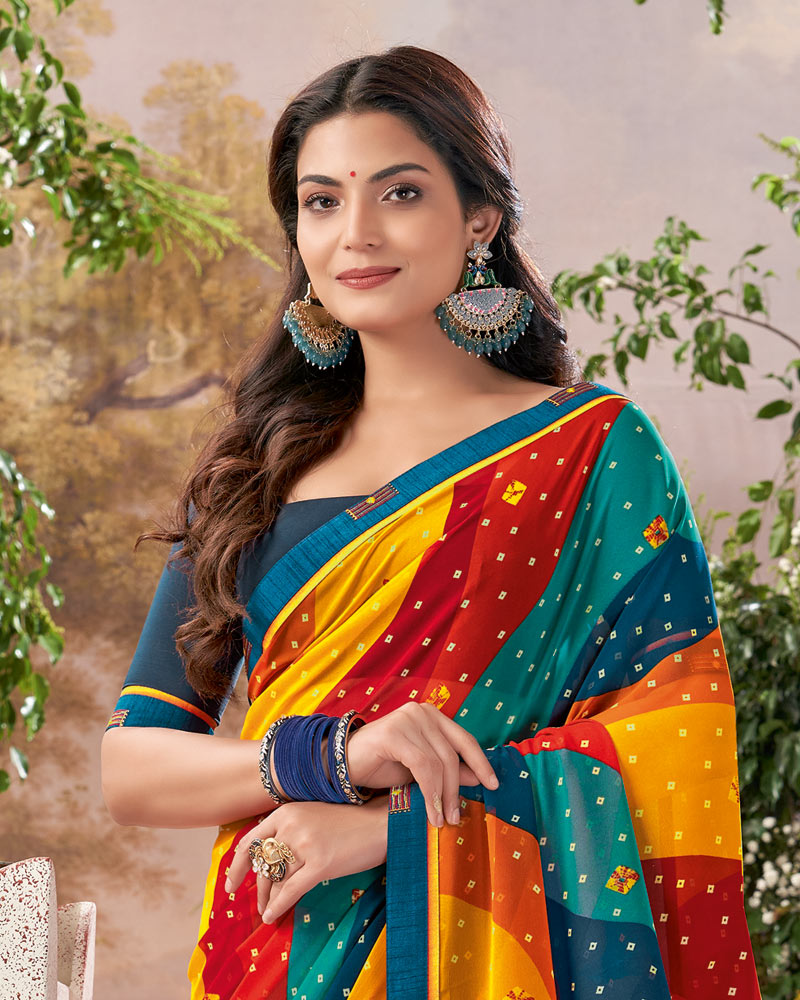 Vishal Prints Dark Teal Blue Printed Georgette Saree With Fancy Border