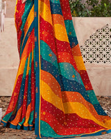 Vishal Prints Dark Teal Blue Printed Georgette Saree With Fancy Border