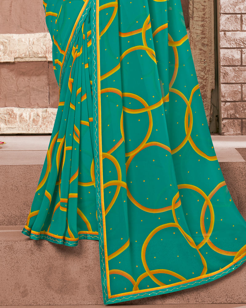 Vishal Prints Teal Green Printed Georgette Saree With Fancy Border