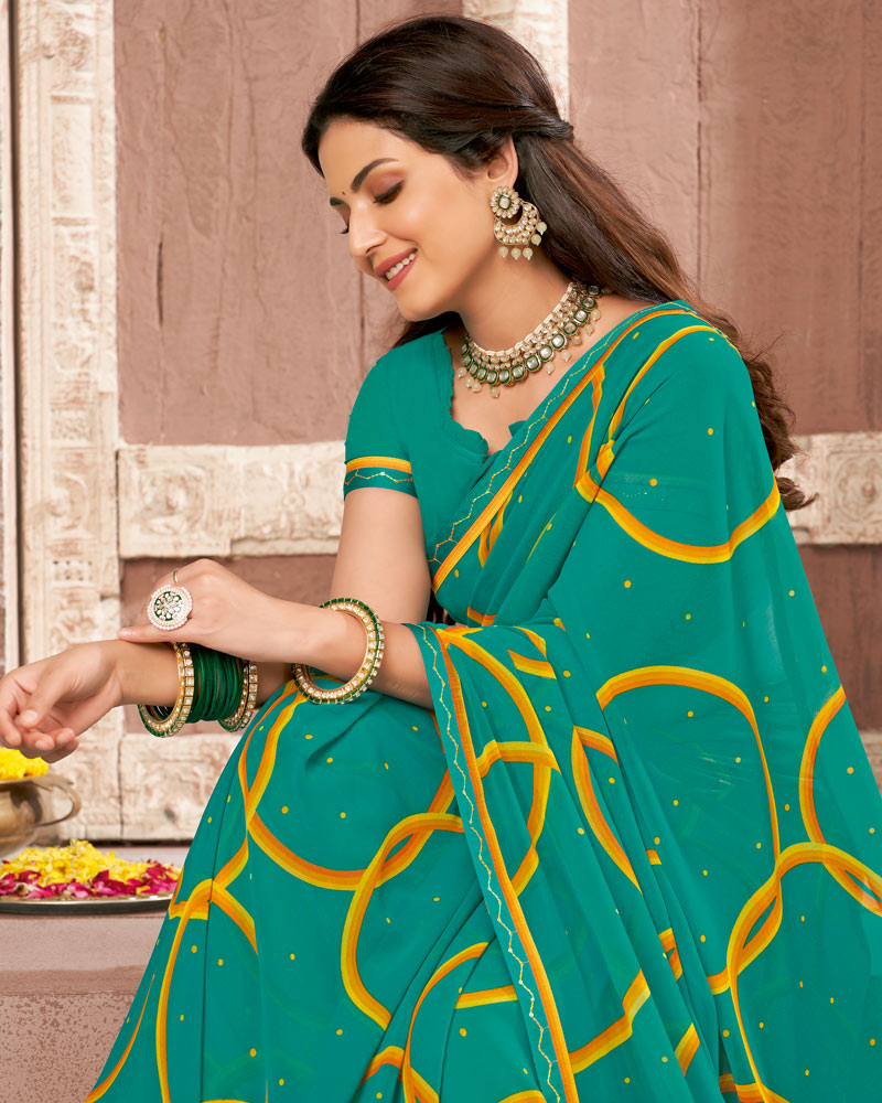Vishal Prints Teal Green Printed Georgette Saree With Fancy Border