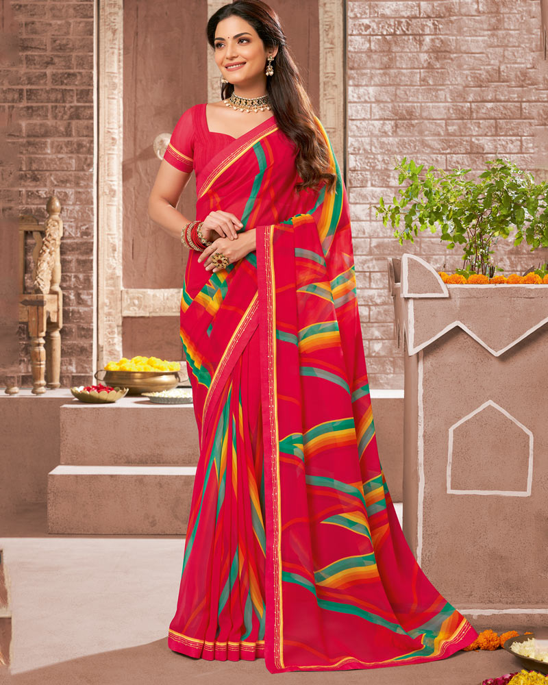 Vishal Prints Pinkish Red Printed Georgette Saree With Fancy Border