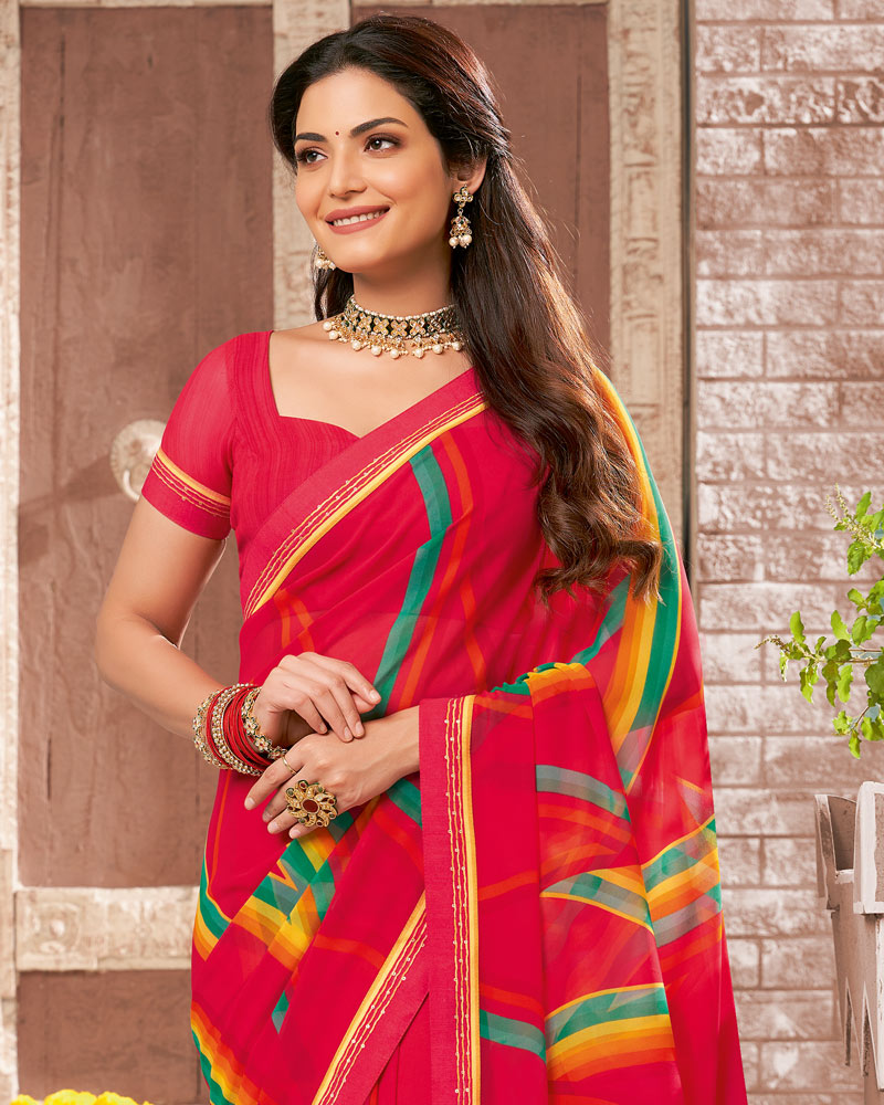 Vishal Prints Pinkish Red Printed Georgette Saree With Fancy Border