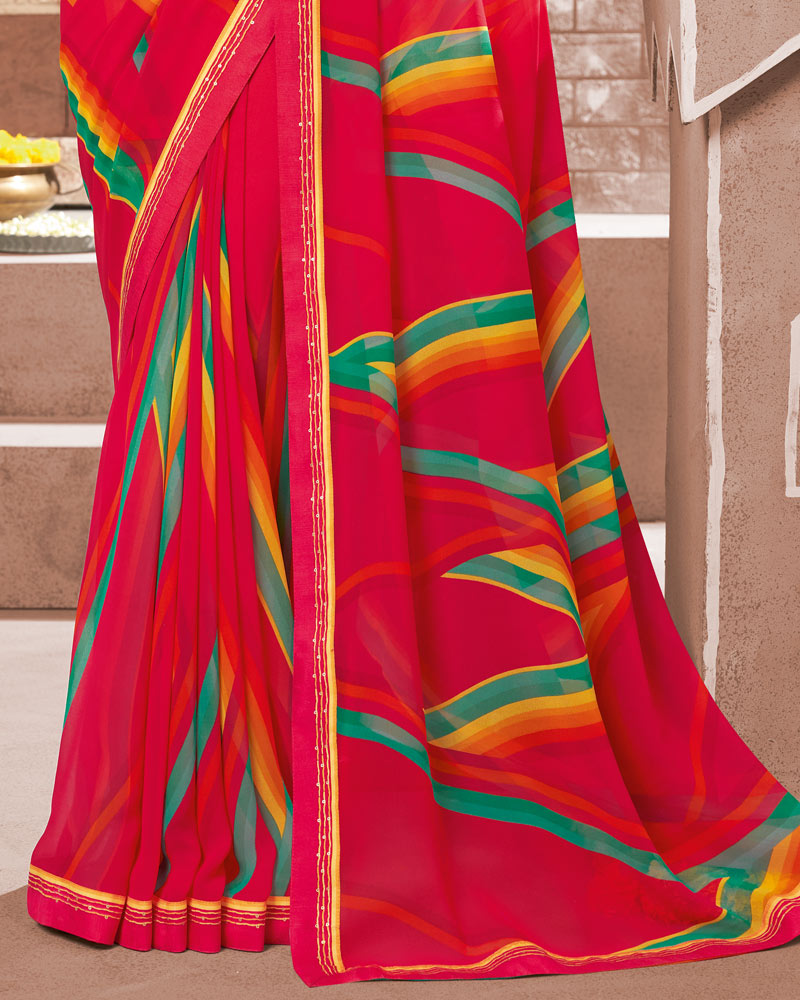 Vishal Prints Pinkish Red Printed Georgette Saree With Fancy Border