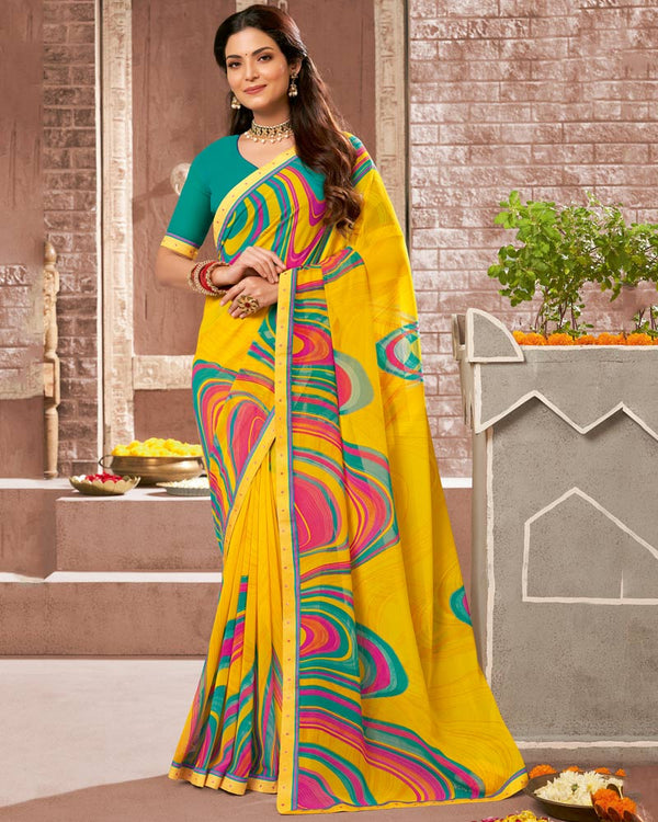 Vishal Prints Dark Yellow Printed Georgette Saree With Fancy Border