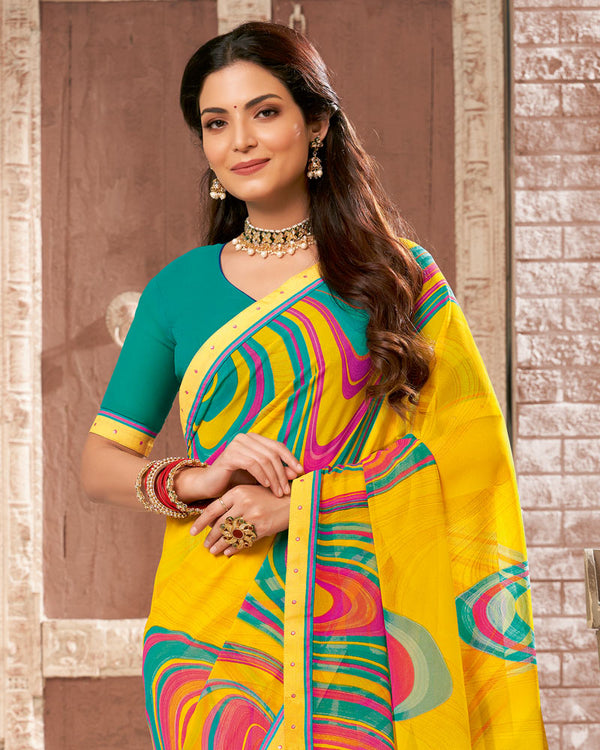 Vishal Prints Dark Yellow Printed Georgette Saree With Fancy Border