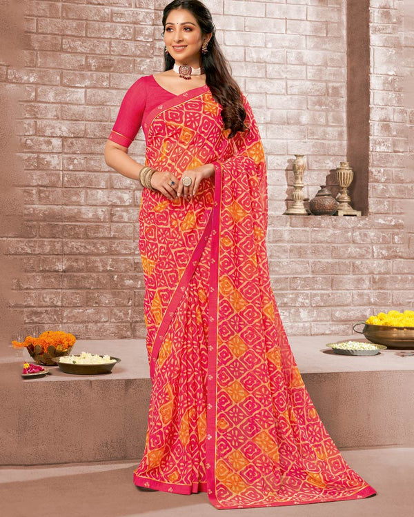 Vishal Prints Red Pink Printed Georgette Saree With Fancy Border
